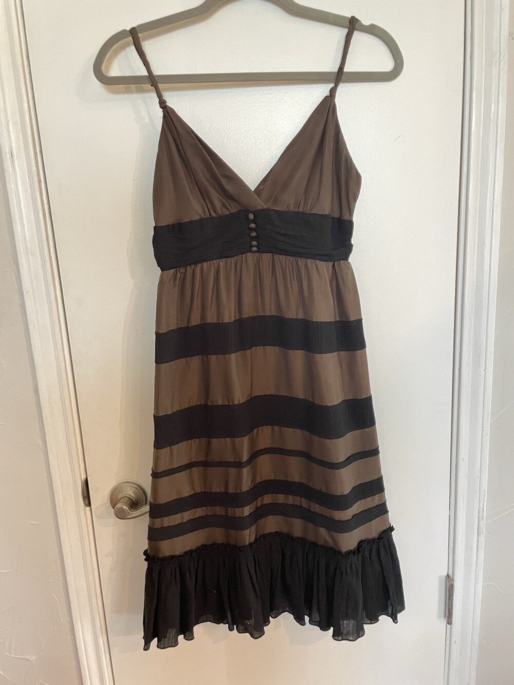 BCBG MAX AZRIA Dress S Small brown black Striped silk cotton baby doll ruffled